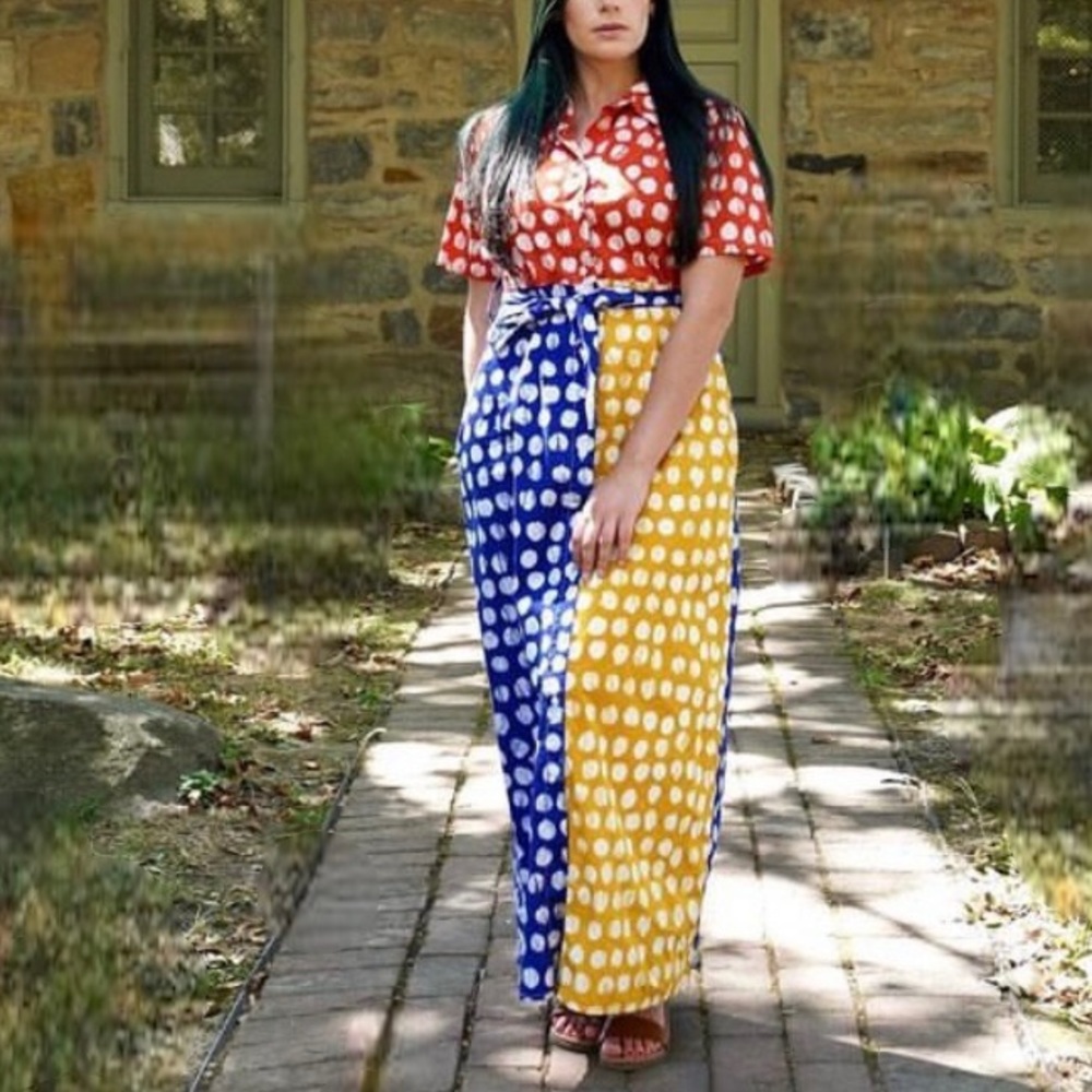 Busayo Collective Color-block Dot Shirt Maxi Dress Button Short Sleeve - Size 4 - Picture 2 of 14